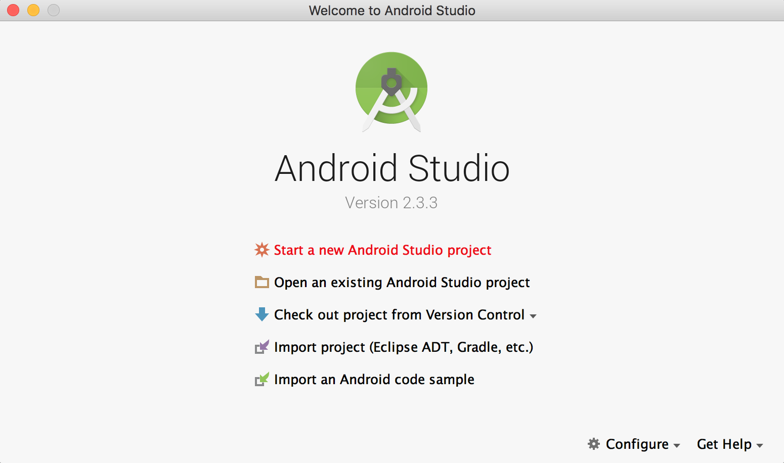 Select the "Start a new Android Studio project" option